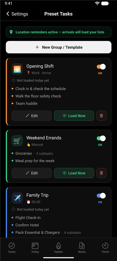 Preset task lists