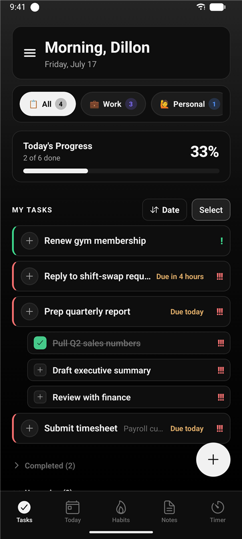 Tasks screen — your day at a glance